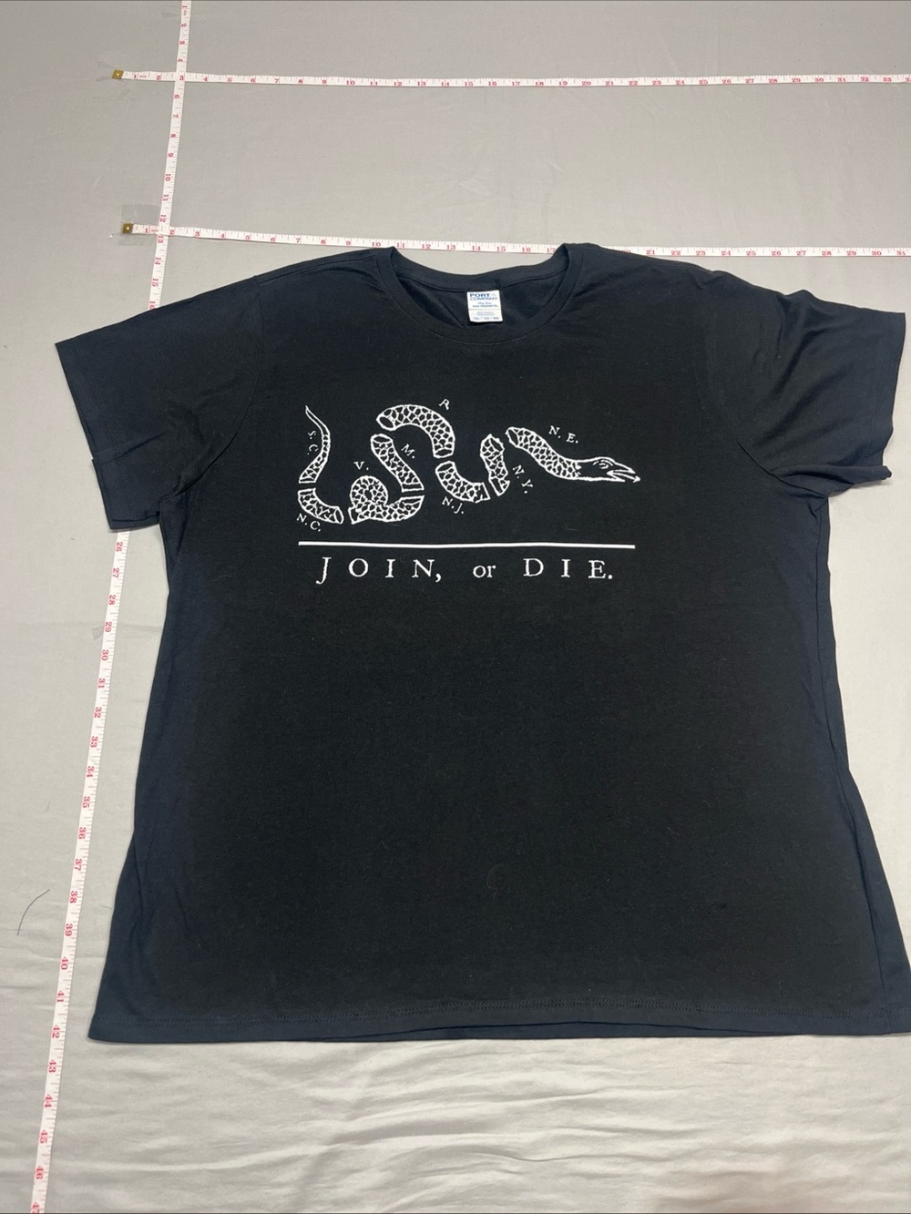 Port and Company Black Short Sleeve Tee with White Segmented Snake Graphic. P111